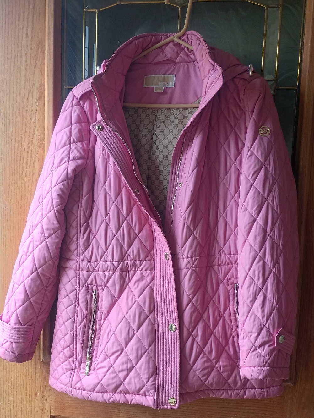 Michael Kors Quilted Hooded Puffer Jacket in Rose Pink Removable Hood